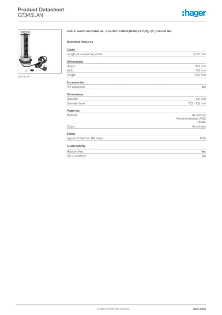Image Hager Product data sheet G7345LAN  | Hager Africa