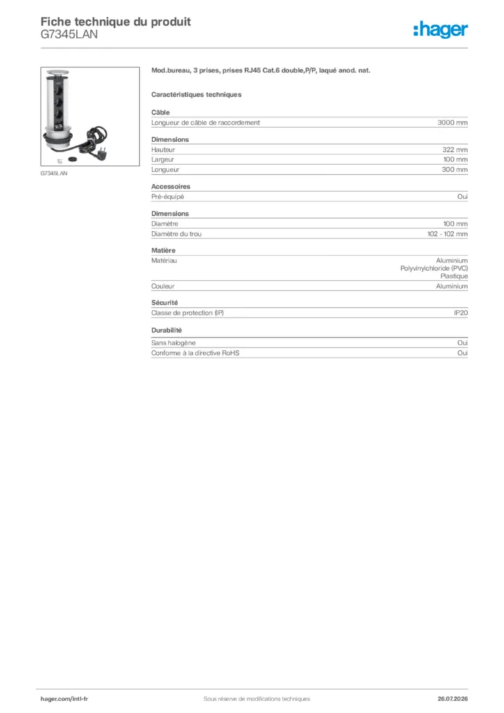 Image Hager Fiche technique du produit G7345LAN | Hager France
