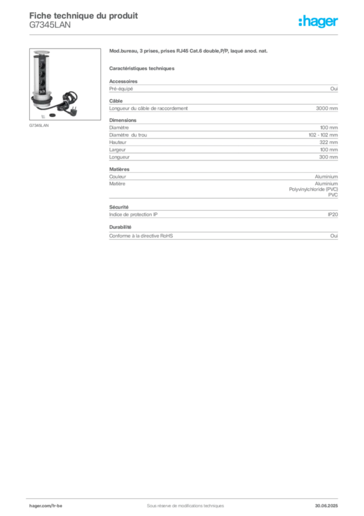 Image Hager Fiche technique du produit G7345LAN | Hager Belgique