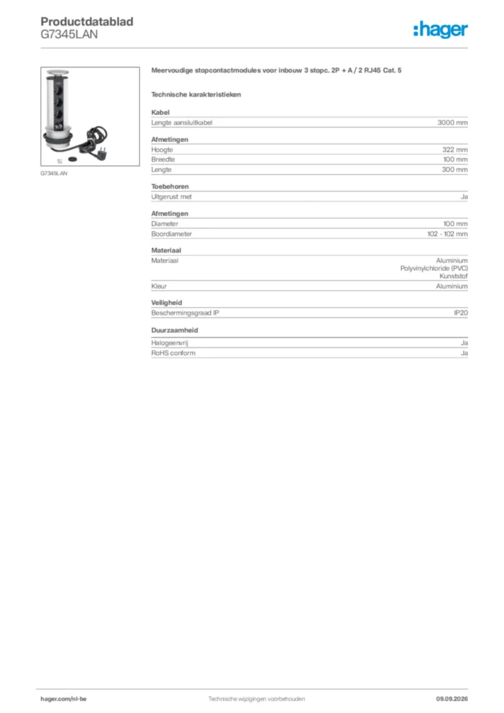 Afbeelding Hager Productdatablad G7345LAN | Hager Belgium