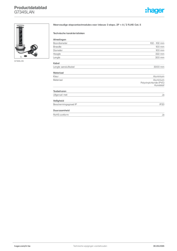 Afbeelding Hager Productdatablad G7345LAN | Hager Belgium