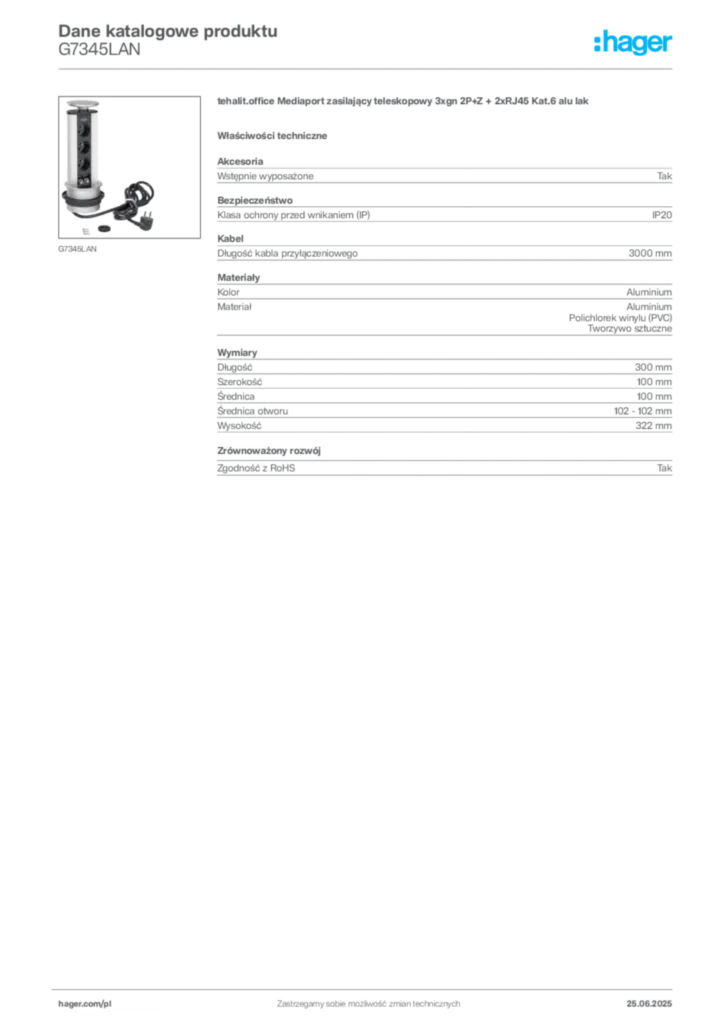 Zdjęcie Hager Dane katalogowe produktu G7345LAN | Hager Polska