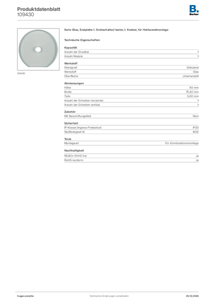 Bild Berker Produktdatenblatt 109430 | Hager Deutschland