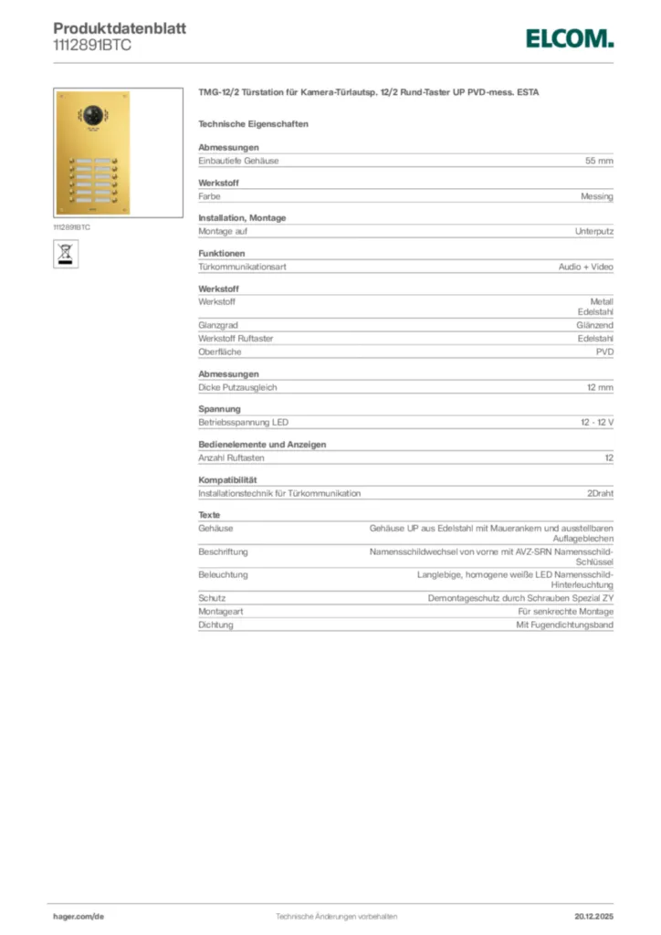 Bild Elcom Produktdatenblatt 1112891BTC | Hager Deutschland