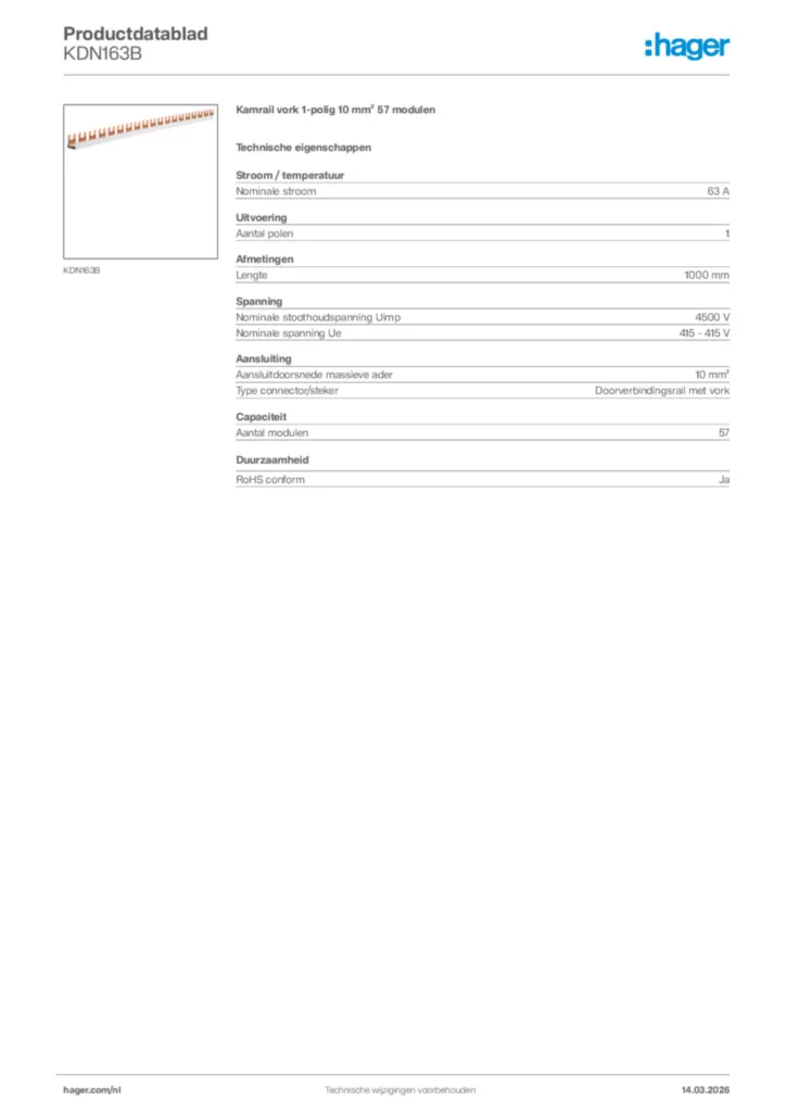 Afbeelding Hager Productdatablad KDN163B | Hager Nederland