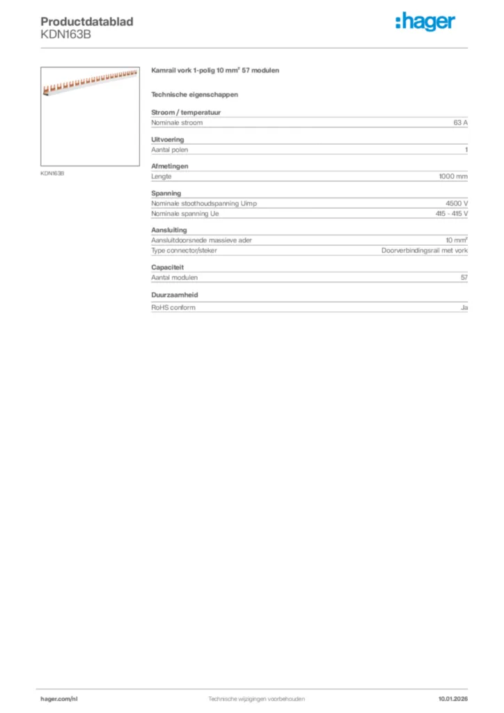 Afbeelding Hager Productdatablad KDN163B | Hager Nederland