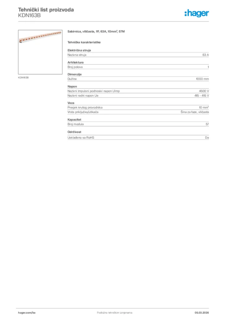 Slika Hager Tehnički list proizvoda KDN163B  | Hager