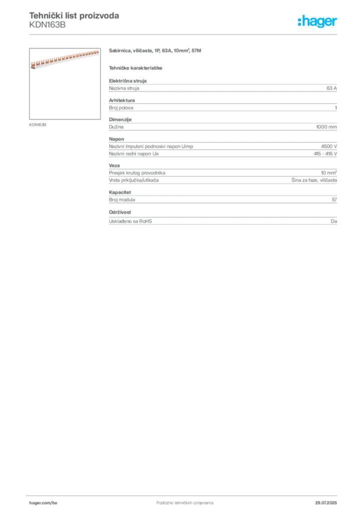 Slika Hager Product data sheet KDN163B  | Hager