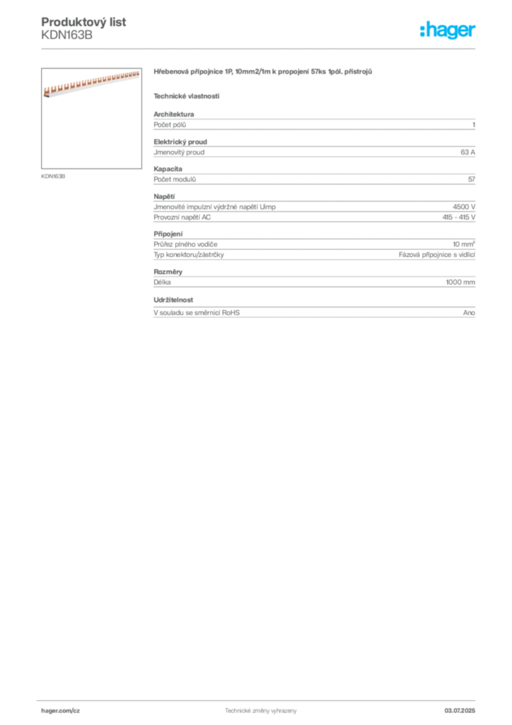 Obrázek Hager Produktový list KDN163B | Hager