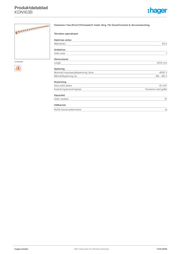 Bild Hager Produktdatablad KDN163B | Hager Sverige