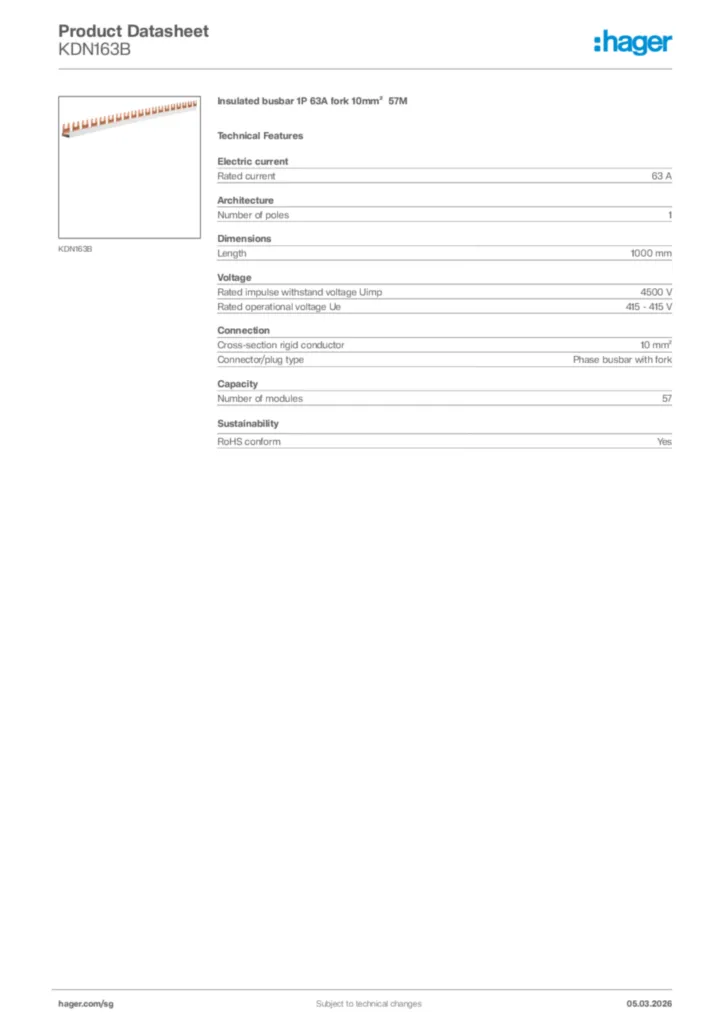 Image Hager Product data sheet KDN163B  | Hager