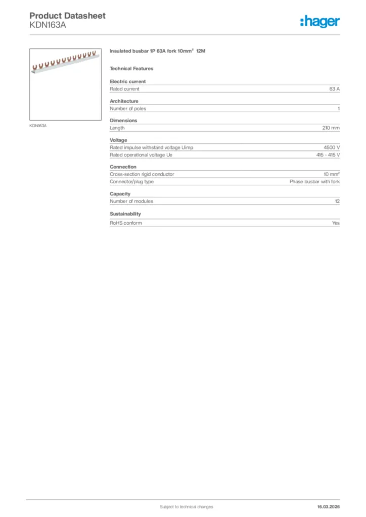 Image Hager Product data sheet KDN163A  | Hager Africa
