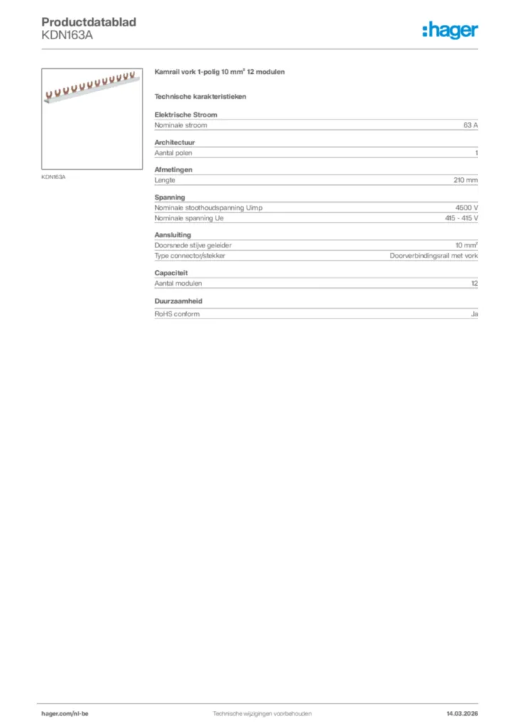 Afbeelding Hager Productdatablad KDN163A | Hager Belgium