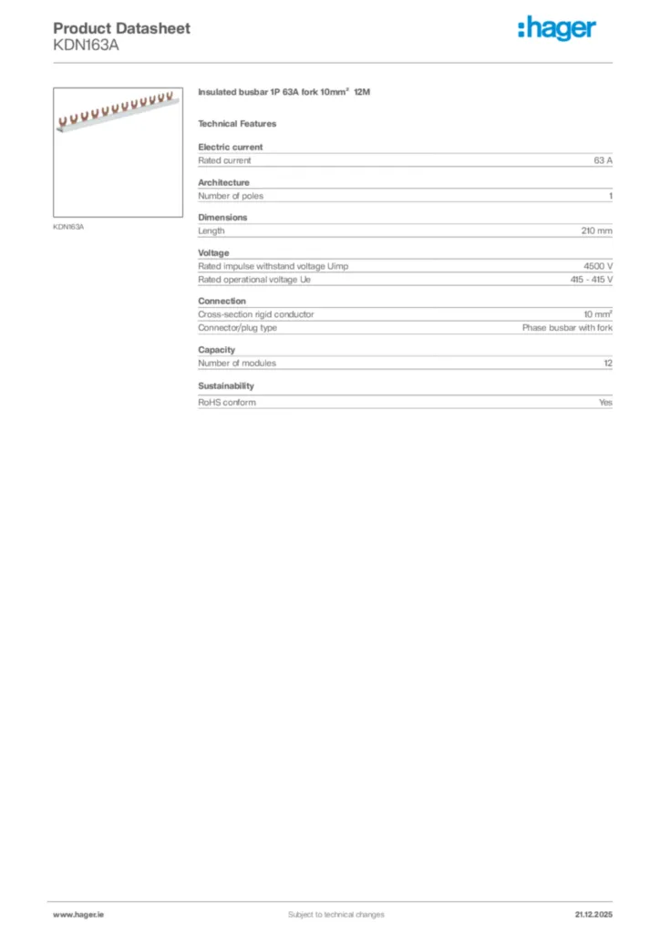 Image Hager Product data sheet KDN163A  | Hager