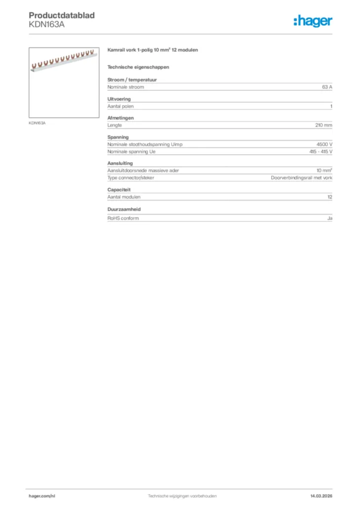 Afbeelding Hager Productdatablad KDN163A | Hager Nederland