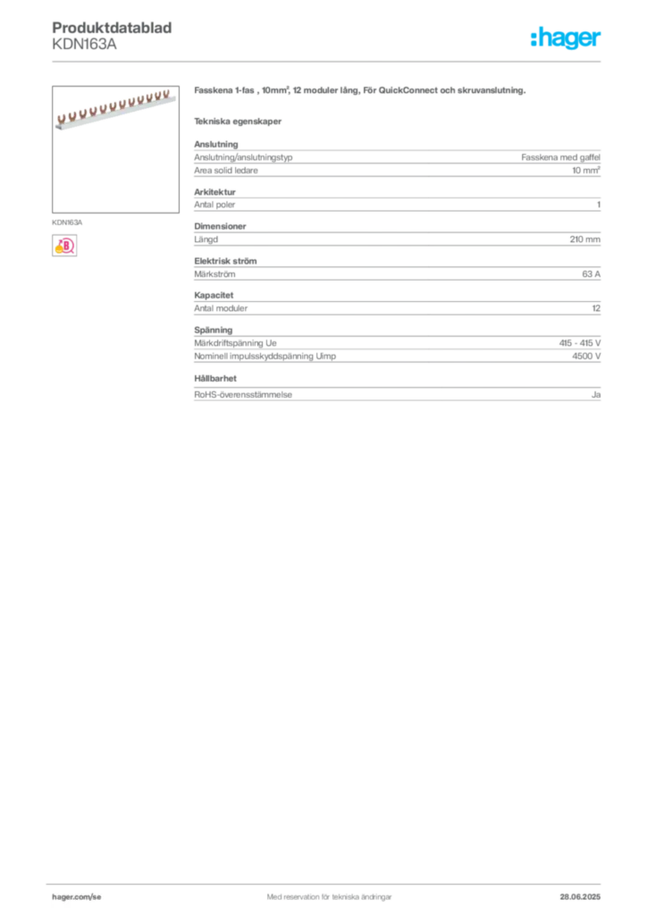 Bild Hager Produktdatablad KDN163A | Hager Sverige