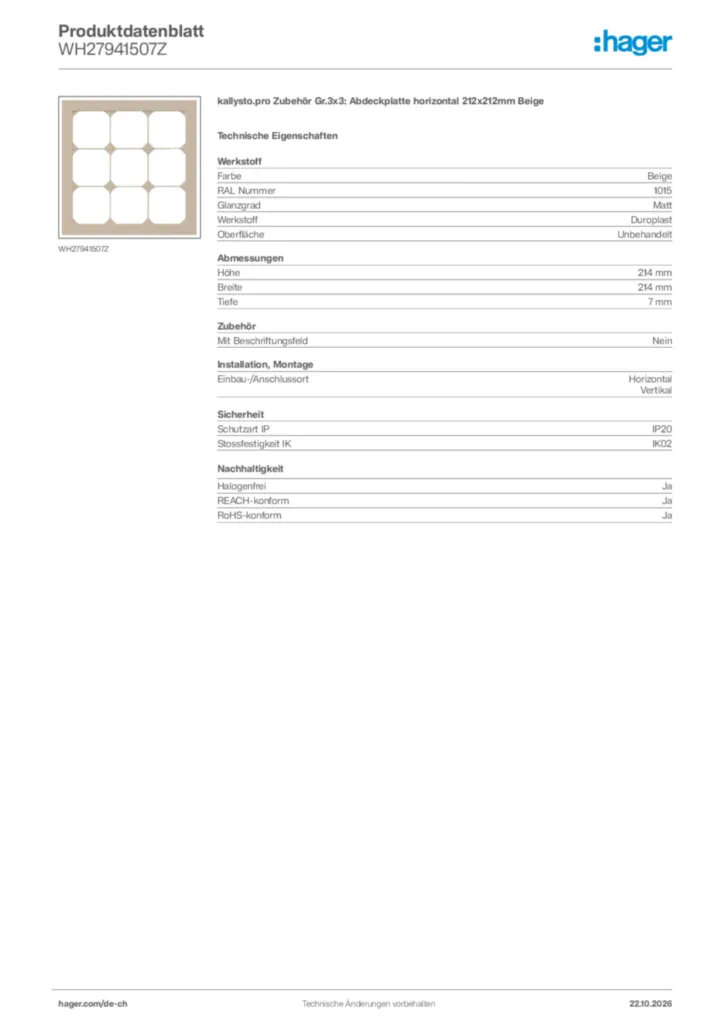Bild Hager Produktdatenblatt WH27941507Z | Hager Schweiz