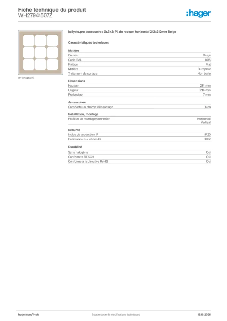 Image Hager Fiche technique du produit WH27941507Z | Hager Suisse