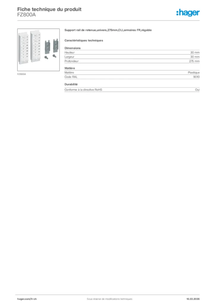 Image Hager Fiche technique du produit FZ800A | Hager Suisse