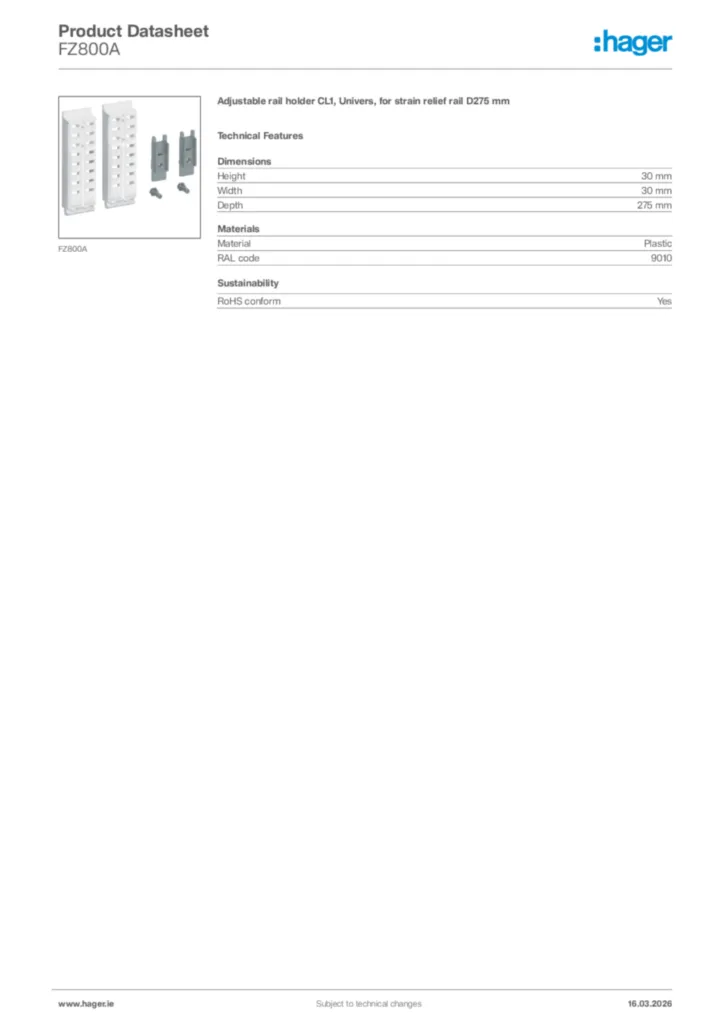 Image Hager Product data sheet FZ800A  | Hager