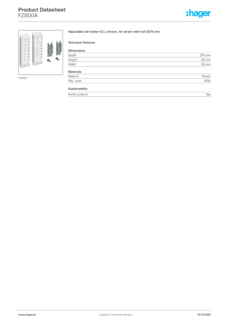 Image Hager Product data sheet FZ800A  | Hager