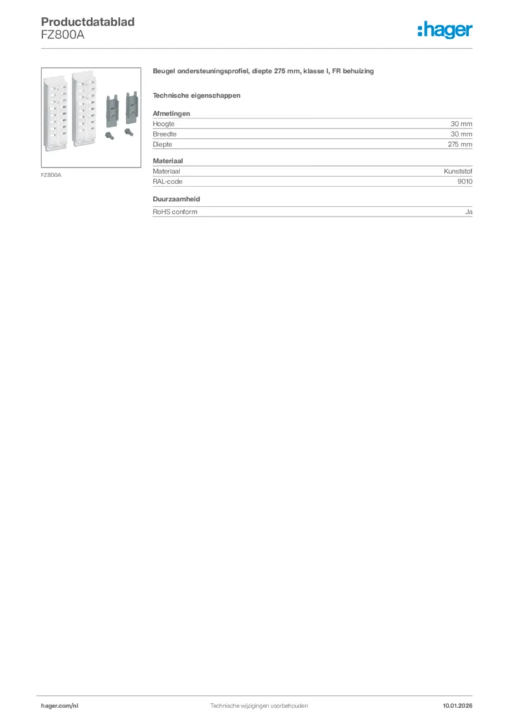 Afbeelding Hager Productdatablad FZ800A | Hager Nederland