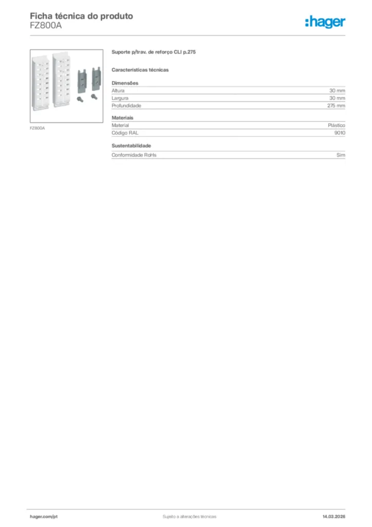 Imagem Hager Ficha técnica do produto FZ800A | Hager Portugal