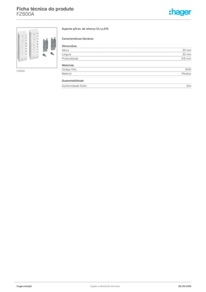 Imagem Hager Ficha técnica do produto FZ800A | Hager Portugal