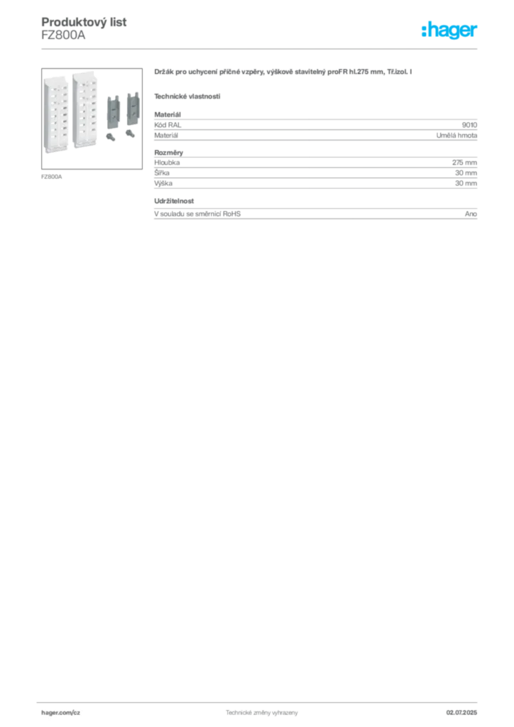 Obrázek Hager Produktový list FZ800A | Hager