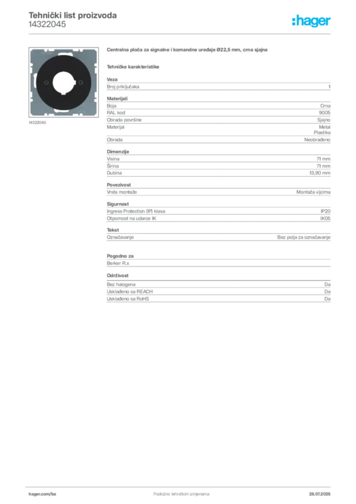 Slika Hager Product data sheet 14322045  | Hager
