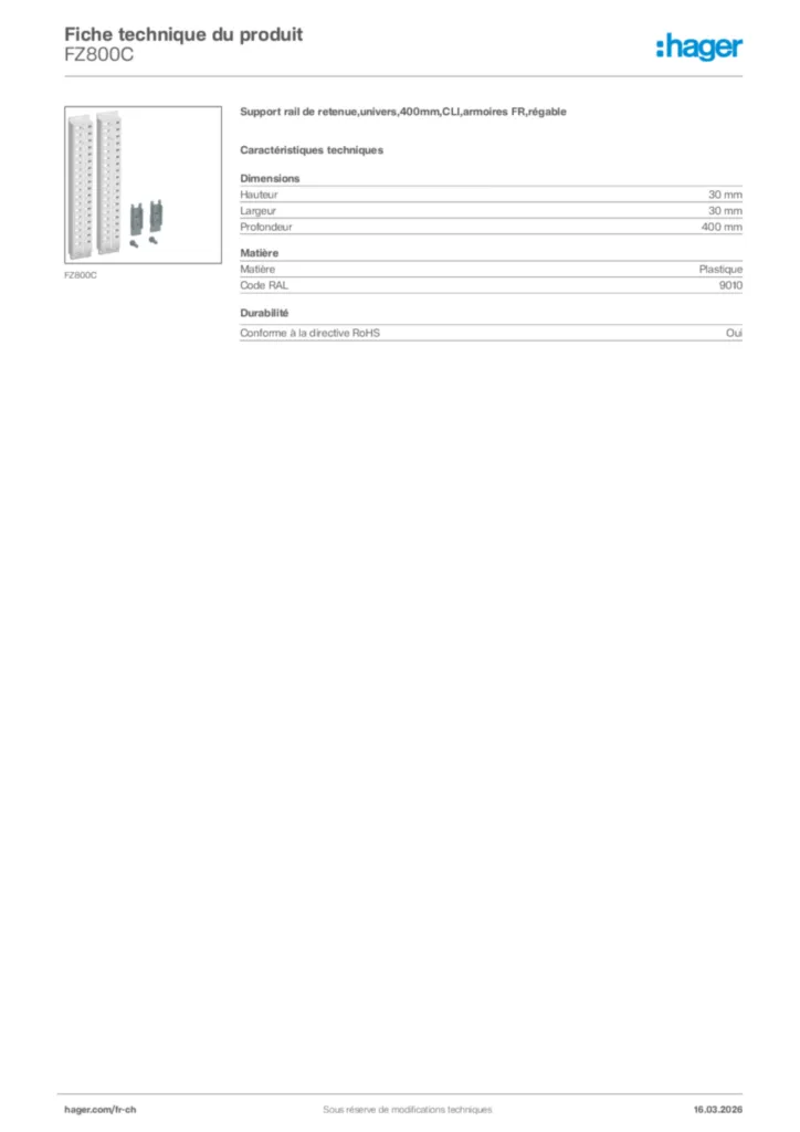 Image Hager Fiche technique du produit FZ800C | Hager Suisse