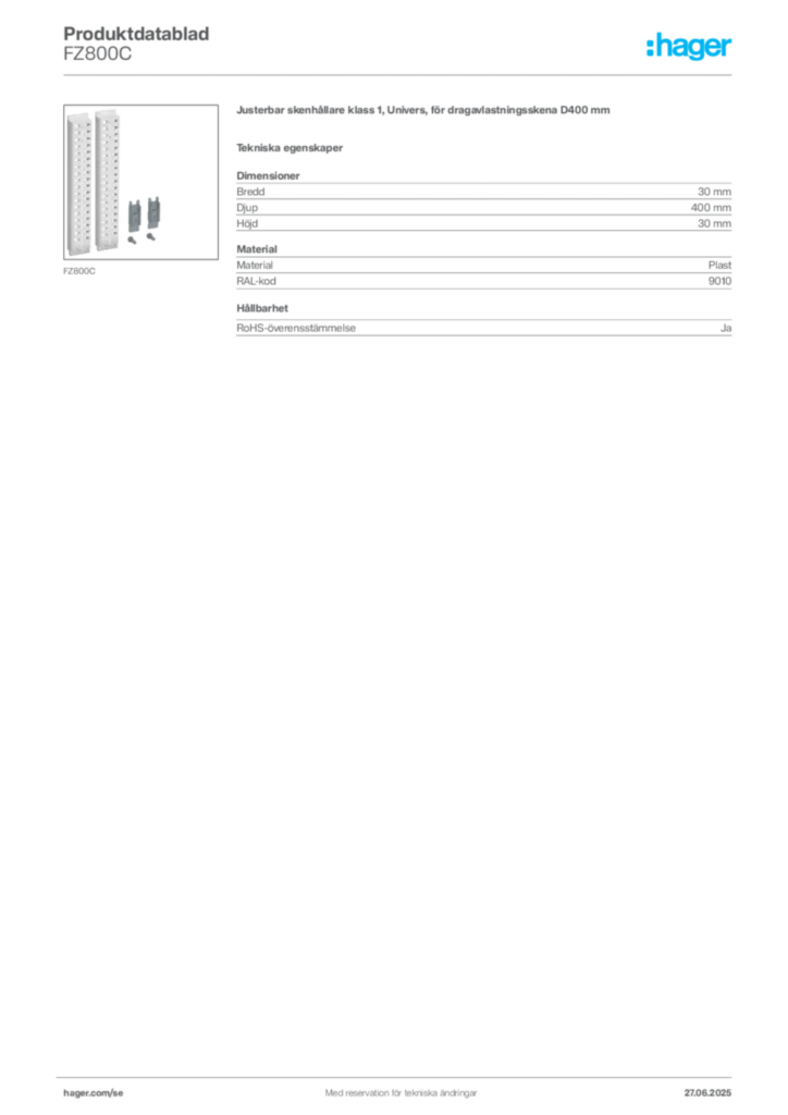 Bild Hager Produktdatablad FZ800C | Hager Sverige