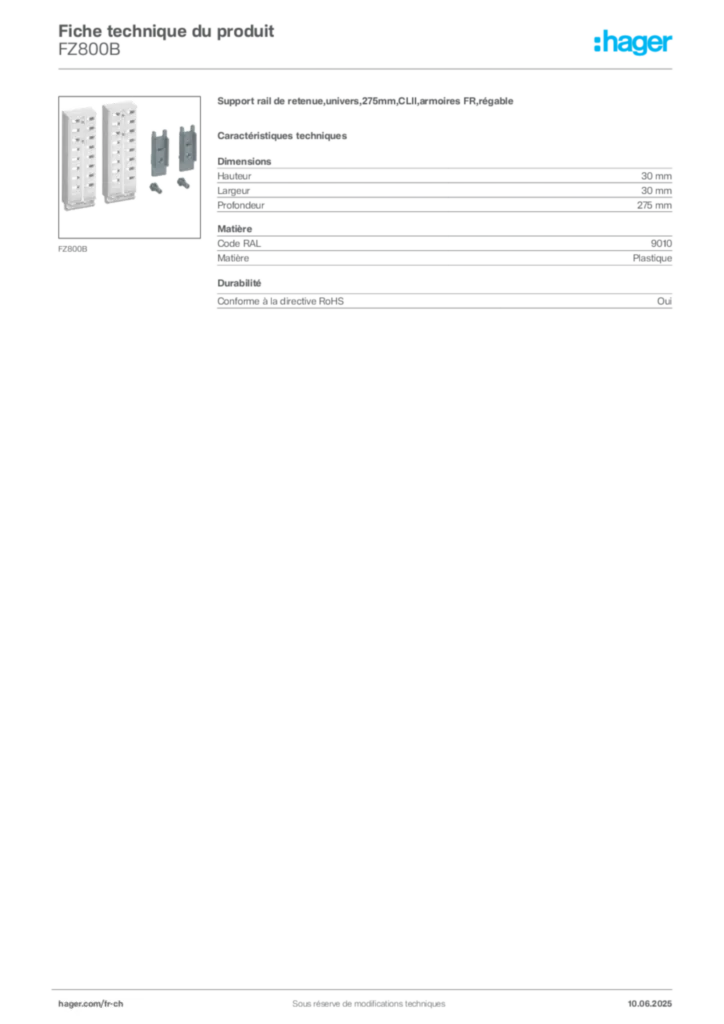 Image Hager Fiche technique du produit FZ800B | Hager Suisse