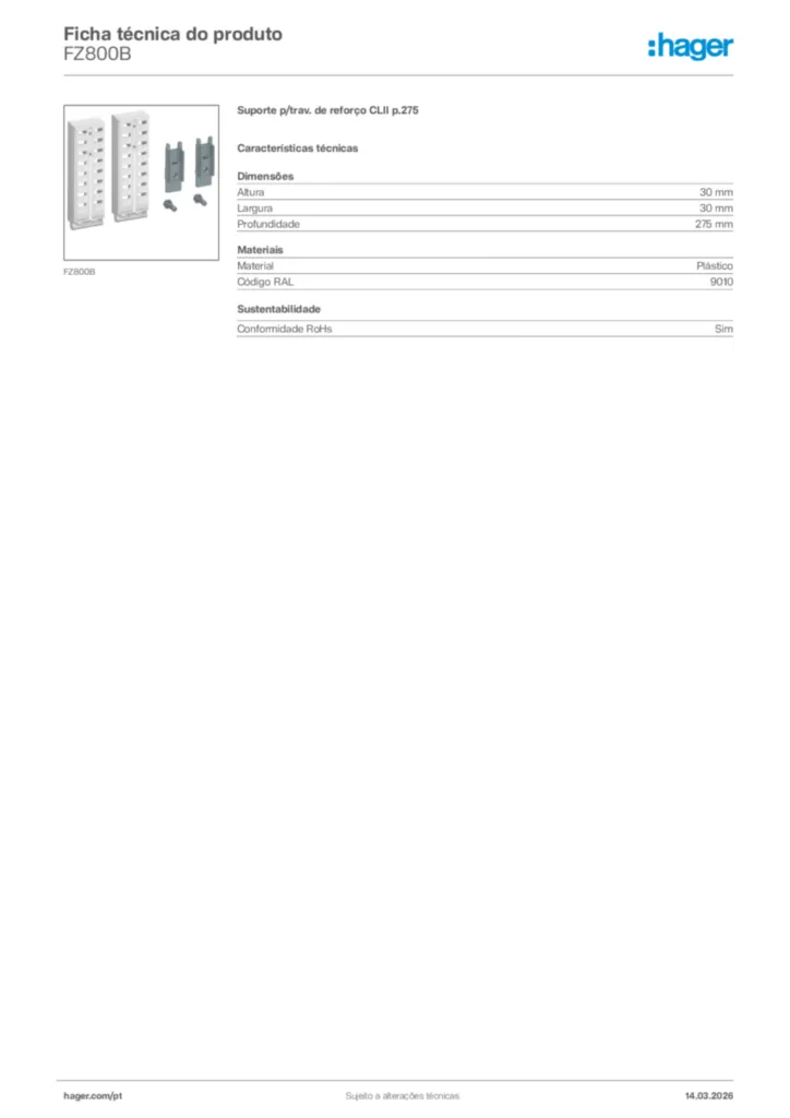 Imagem Hager Ficha técnica do produto FZ800B | Hager Portugal