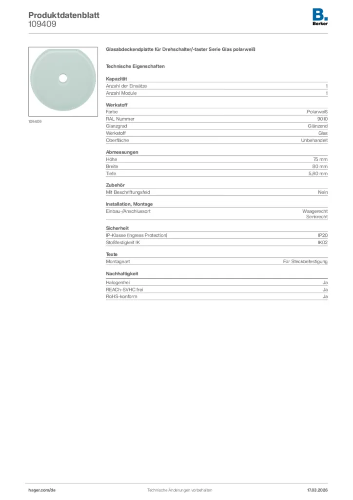 Bild Berker Produktdatenblatt 109409 | Hager Deutschland