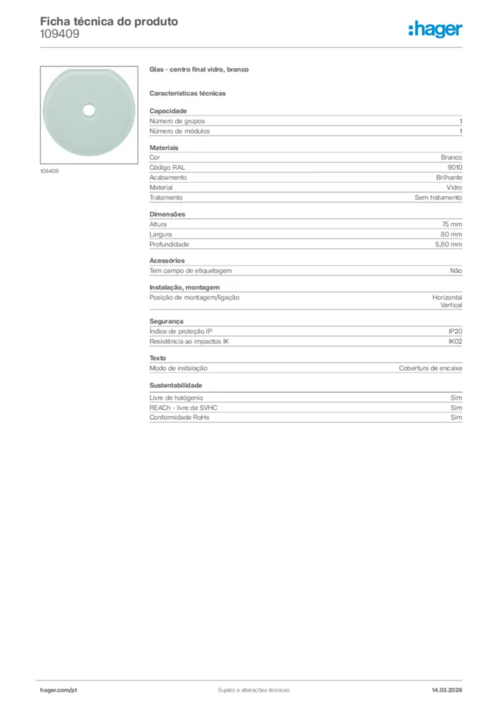 Imagem Hager Ficha técnica do produto 109409 | Hager Portugal
