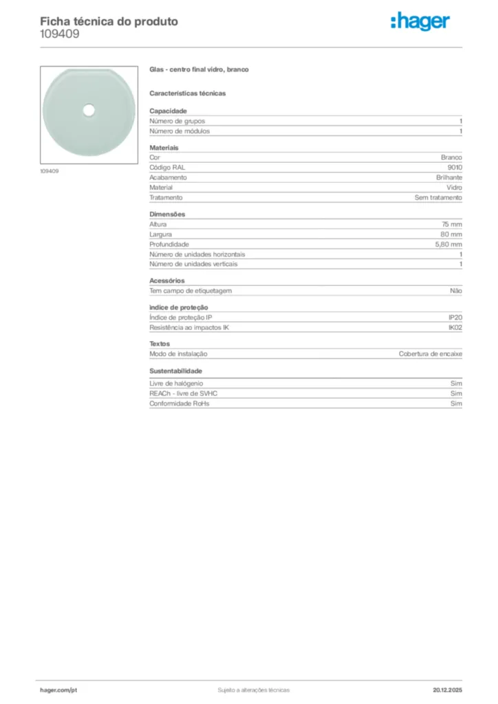 Imagem Hager Ficha técnica do produto 109409 | Hager Portugal