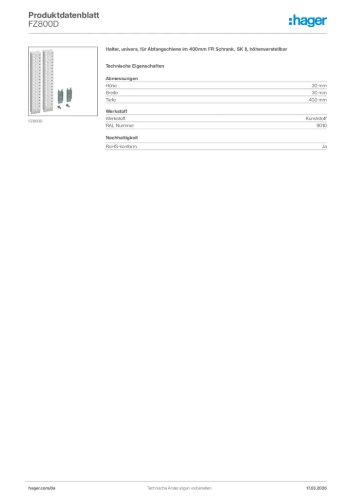 Bild Hager Produktdatenblatt FZ800D | Hager Deutschland