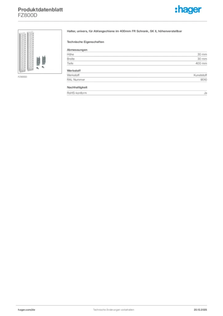 Bild Hager Produktdatenblatt FZ800D | Hager Deutschland