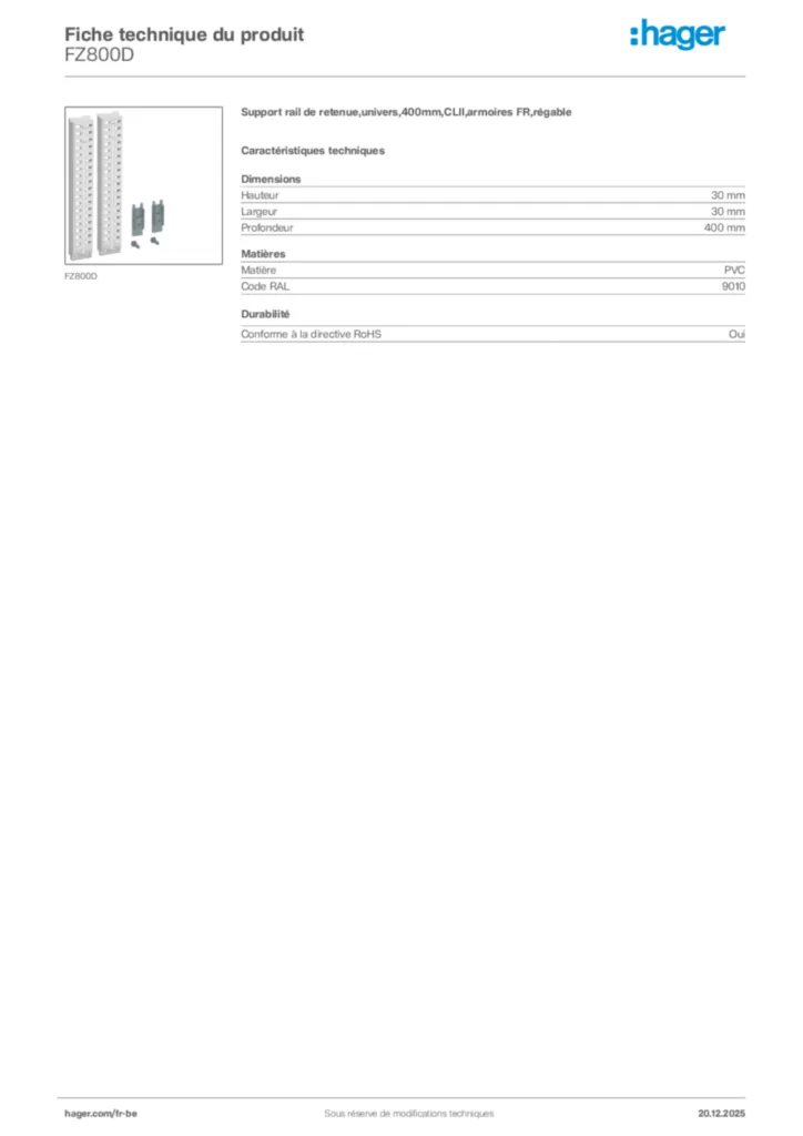 Image Hager Fiche technique du produit FZ800D | Hager Belgique