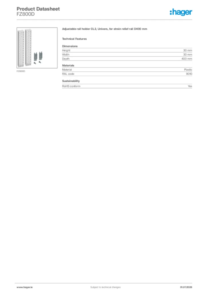 Image Hager Product data sheet FZ800D  | Hager
