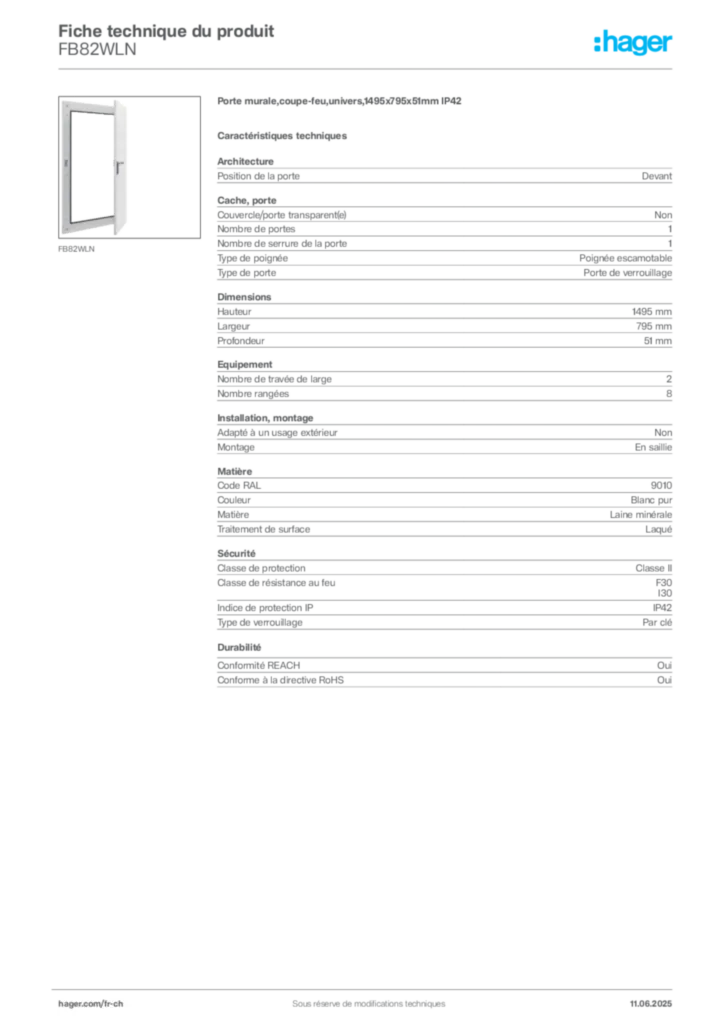 Image Hager Fiche technique du produit FB82WLN | Hager Suisse