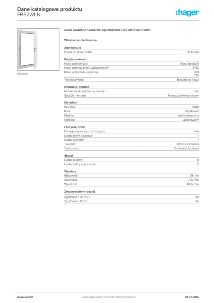 Zdjęcie Hager Dane katalogowe produktu FB82WLN | Hager Polska