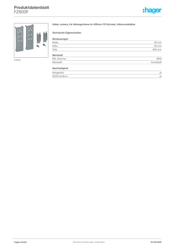 Bild Hager Produktdatenblatt FZ800F | Hager Deutschland