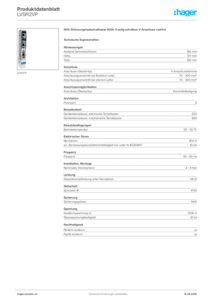 Bild Hager Produktdatenblatt LVSR2VP | Hager Schweiz