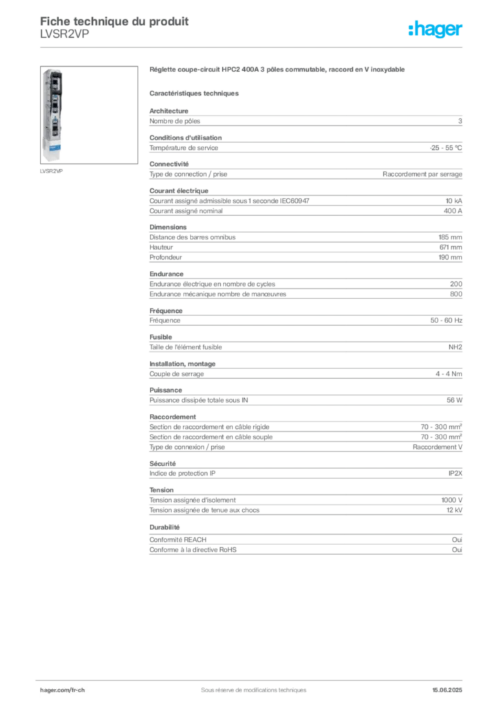 Image Hager Fiche technique du produit LVSR2VP | Hager Suisse