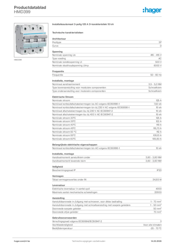 Afbeelding Hager Productdatablad HMD399 | Hager Belgium