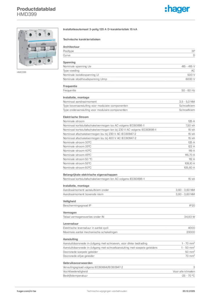 Afbeelding Hager Productdatablad HMD399 | Hager Belgium