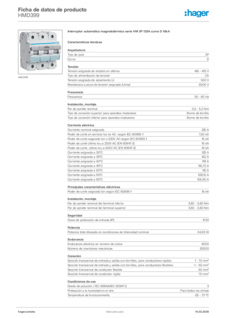 Imagen Hager Ficha de datos de producto HMD399 | Hager España