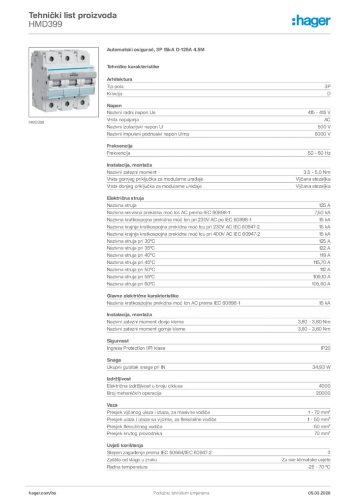 Slika Hager Tehnički list proizvoda HMD399  | Hager